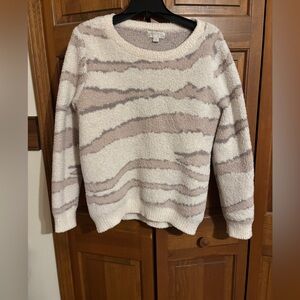 Barefoot Dreams CozyChic Seaside Crewneck Pullover Sweater M white and tan zebra